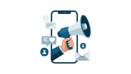 Corporate digital marketing vector illustration with smartphone, megaphone, and social media communication icons