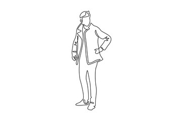 Continuous one line drawing of Male model wearing warm sweater. Single line drawing illustration of Young man in winter clothe. Cold weather fashion style concept vector art. Doodle line illustration.