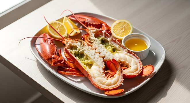 Lobster Halves with Lemon and Butter Sauce Ready to Eat