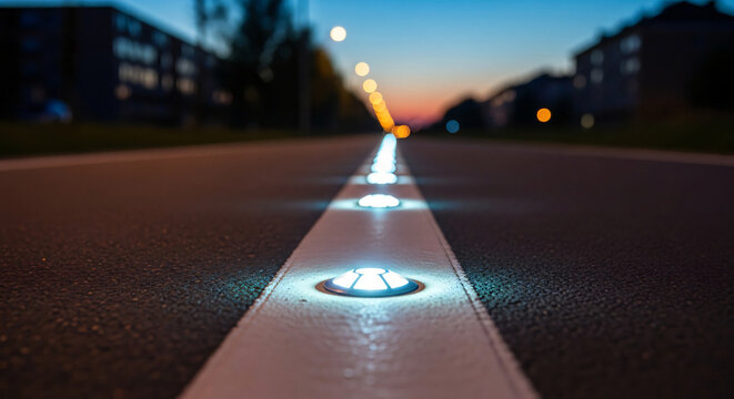 Close-up of Bright LED Road Markers on Asphalt at Dusk