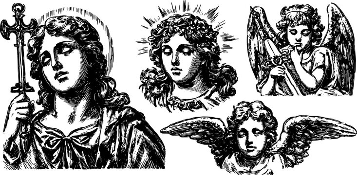 Vector illustration of angels and religious heads. Vintage sketches reflecting spirituality and faith themes in a cohesive set.