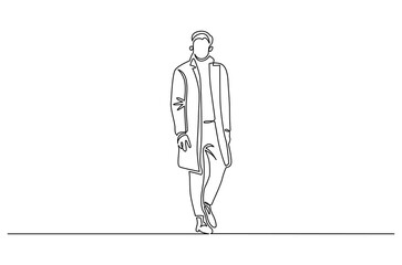 Continuous one line drawing of Male model wearing warm sweater. Single line drawing illustration of Young man in winter clothe. Cold weather fashion style concept vector art. Doodle line illustration.