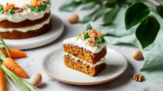 A beautiful slice of carrot cake with creamy frosting and colorful decorations sits on a plate. Surrounding the cake are fresh carrots and eggs, adding to the festive spring atmosphere