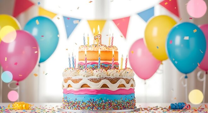 First birthday celebration with colorful cake balloons and festive decorations