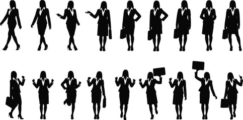 Businesswoman silhouette, professional female poses, office gestures, career woman, leadership stance, workplace diversity, confident posture, corporate attire, empowerment, action
