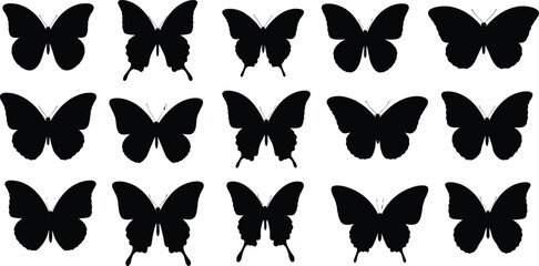Butterfly silhouette collection, flying insect icons, black butterfly design, nature illustration, decorative insect shapes, isolated vector pattern, wildlife art background
