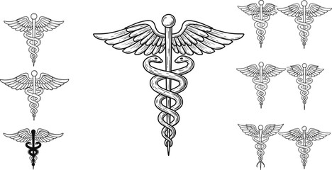 Caduceus symbol illustration, medical icon variations, healthcare emblem, serpent staff, wings, medicine design, hospital logo, vector art, healing concept, graphic © Montaha Creatives