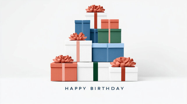 Brightly wrapped presents in various colors are arranged in a festive display. Each box is adorned with ribbons and bows, creating a joyful atmosphere for a birthday celebration