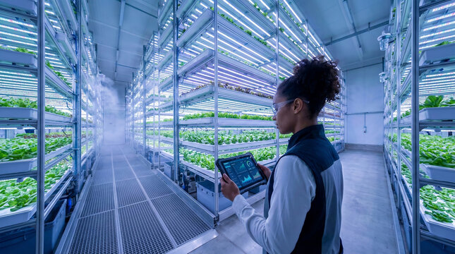 Agricultural Scientist Monitoring Data in a Vertical Hydroponic Farm - Powered by Adobe