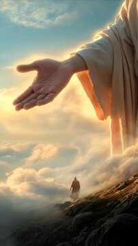 A man walks towards a giant hand reaching down from above. Clouds surround the landscape under a bright, warm light. This imagery suggests God's help is always available