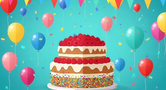 Festive Birthday Cake with Raspberries Balloons and Confetti Celebration Background - Powered by Adobe