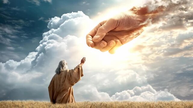 A person stands in a wheat field, extending their hand towards the open hand of God coming from the heavens. This moment shows God's help and the potential for divine support