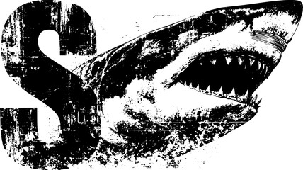 Shark illustration in silhouette style. Black outline vector print with stipple texture, a vintage representation of a marine predator.
