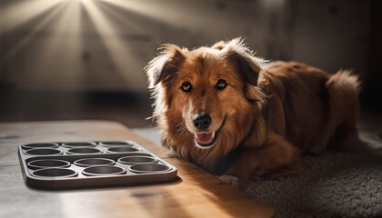 Joyful Dog Relaxing on the Floor with a Muffin Tray
