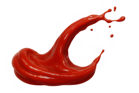 Red sauce liquid splashing, creating dynamic movement and droplets, isolated with transparent background