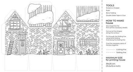 Winter Christmas Kids craft paper house.Building paper craft model. Coloring Printable template.  Cut and glue cartoon 3D toy house. 
