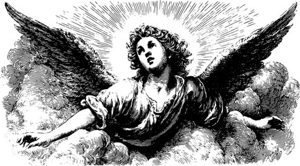 Angel illustration in vintage engravings style. Detailed outline art with clouds, showcasing divine elegance in a classic vector illustration.