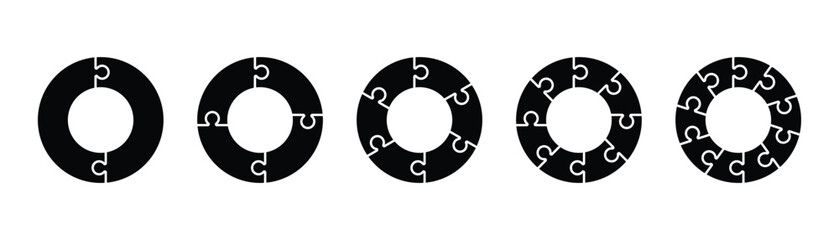 Circular puzzle icon set. Pieces puzzle on circle. Round puzzle collection. Diagram template. 