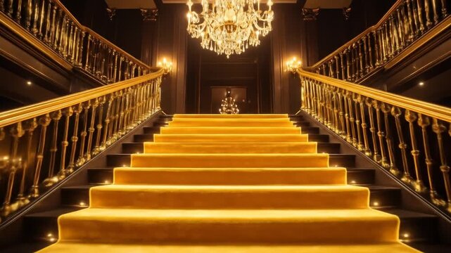 Grand staircase with gold carpet and chandelier.