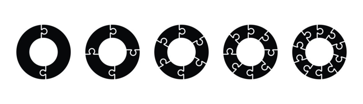 Circular puzzle icon set. Pieces puzzle on circle. Round puzzle collection. Diagram template. 