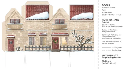 Kids craft winter paper house. Cut and glue cartoon winter toy house. Building paper craft model. Printable template   © Leyasw