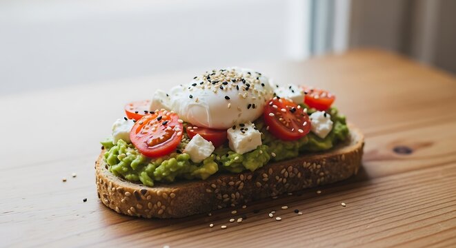 Gourmet avocado toast with a poached egg, fresh cherry tomatoes, and feta cheese on rustic whole wheat bread, a healthy breakfast
