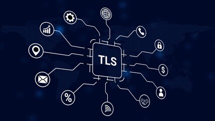 TLS encryption protocol diagram with icons for secure data transfer and online services on a digital world map - Powered by Adobe