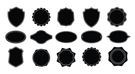 Collection of diverse black shield and oval badge shapes silhouette
