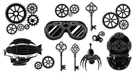 Steampunk elements collection silhouette