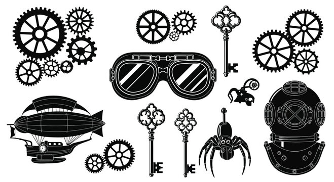 Steampunk elements collection silhouette