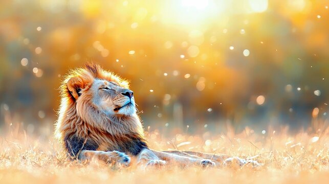 A majestic male lion with a full mane rests in a sun-drenched field, its eyes closed in peaceful repose.