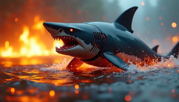 A toy shark is in the water with its mouth open.