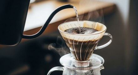 Fresh Pour Over Coffee Brewing Hot Water Stream.