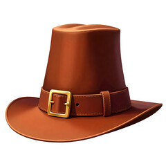 Traditional brown pilgrim hat with gold buckle, historical headwear for Thanksgiving (Transparent Background)