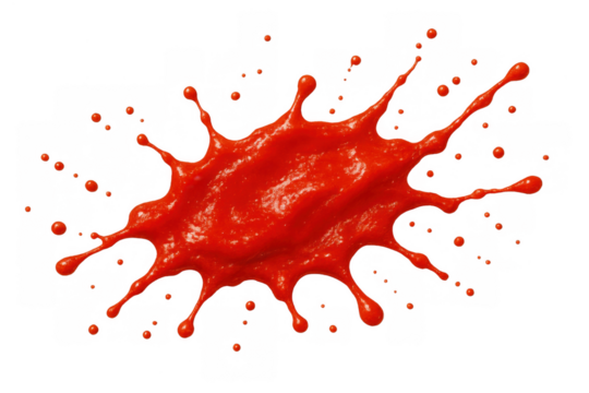 Red liquid splashing, creating dynamic drops and a messy stain. Isolated red paint blob with a transparent background