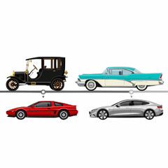 Fototapeta premium Four cars from different eras, connected by timeline, showcasing automotive evolution.