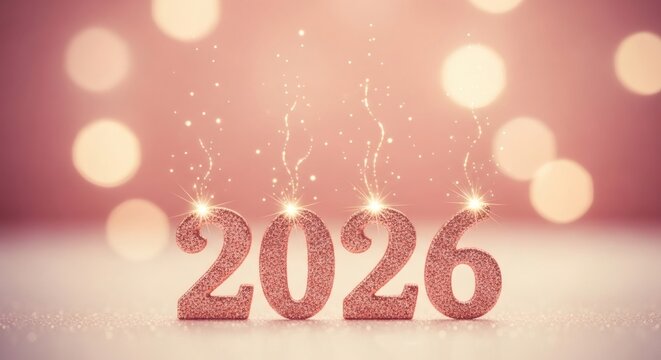 Happy New Year 2026 concept with glittering candle numbers and magical sparks on a festive pink background - Powered by Adobe