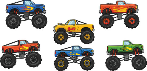 Cartoon monster trucks, colorful toy vehicles, flame decals, kids illustration, off-road fun, playful design, motorsport, big wheels, vibrant trucks, racing