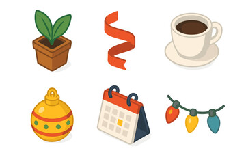Colorful Workplace Icons. Workplace Decor flat icon set : desk plant, ribbon curl, coffee cup, calendar, ornament, festive light