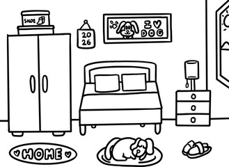 Hand drawn outline vector of bedroom with bed, pillow, closet, drawer, hanging pictures, calendar, sleeping puppy, HOME mat, window, lamp, slippers for home decor, house tour, room, kid colouring book