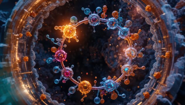 Abstract representation of a complex molecular structure with glowing elements and intricate details