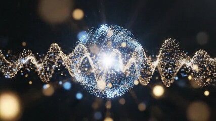 A luminous orb of blue particles at the center of a golden particle wave set against a dark background with soft glowing lights - Powered by Adobe