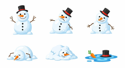 Six snowmen in various stages of melting, from cheerful to completely melted, isolated on a white background.