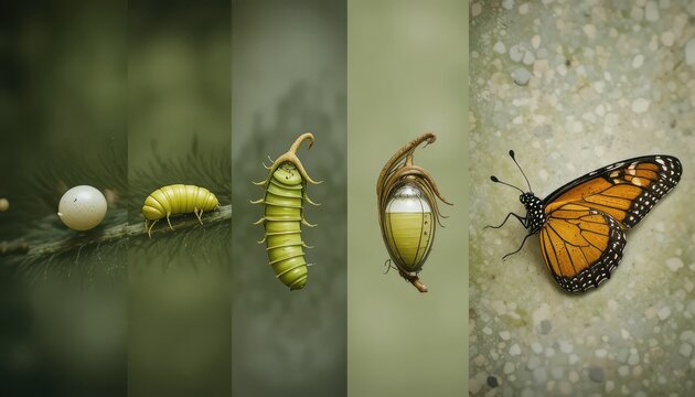 Conceptual monarch butterfly metamorphosis illustration showcasing life cycle development and
