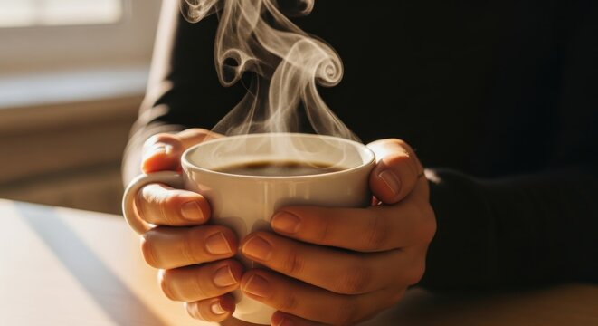 Warm hands holding steaming hot coffee mug indoors. - Powered by Adobe