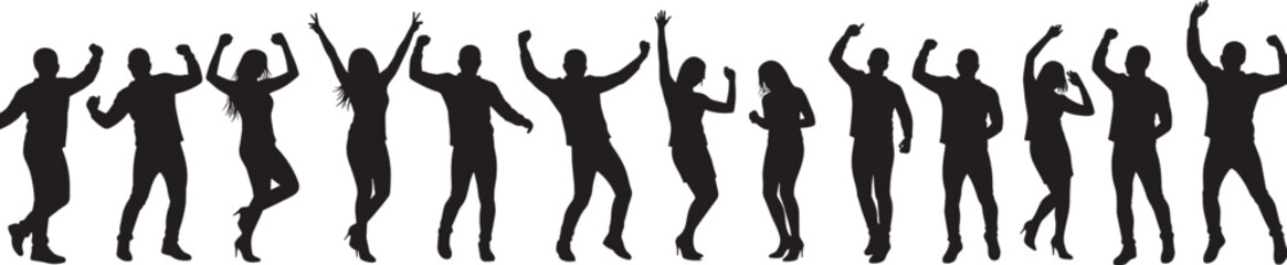 Celebration silhouettes, dancing people, joyful movement, raised arms, expressive poses, unity, energy, black figures, white background, vector art, party scene, dynamic motion, happy crowd