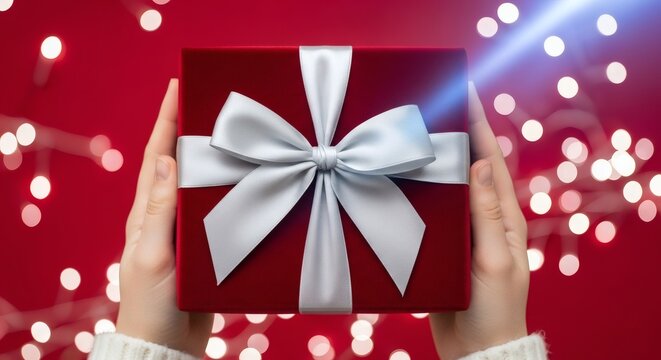 Woman's hands holding a red gift box with a silver ribbon, celebrating a special event or holiday