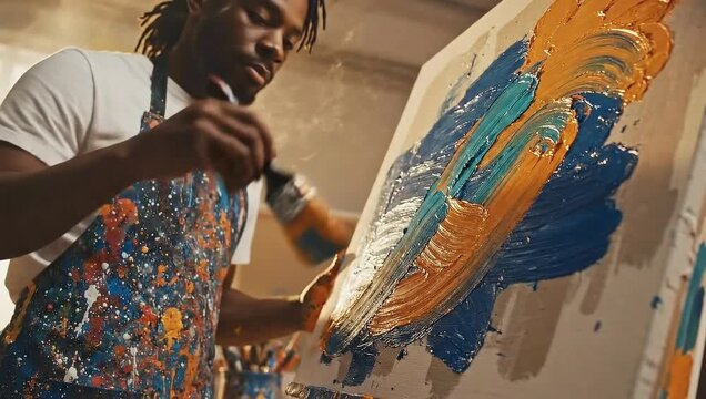 Creative male artist applying thick blue and gold paint to a canvas