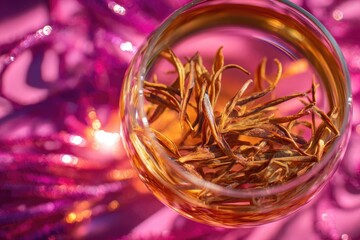 Close Up Golden Tea Leaves In Glass Cup On Pink Glitter Background