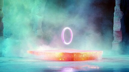 A luminous neon ring floats above a glowing ice platform in a mystical, misty cavern.